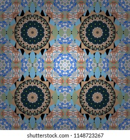 Vector background. Vintage abstract mandala colorful seamless pattern in blue, gray and green colors.