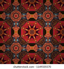 Vector background. Vintage abstract mandala colorful seamless pattern in red, brown and orange colors.