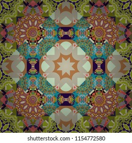 Vector background. Vintage abstract mandala colorful seamless pattern in gray, blue and neutral colors.