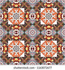 Vector background. Vintage abstract mandala colorful seamless pattern in white, brown and yellow colors.