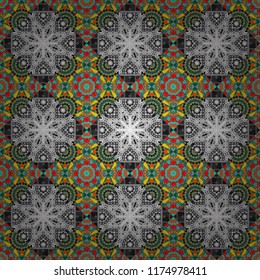 Vector background. Vintage abstract mandala colorful seamless pattern in gray, blue and orange colors.