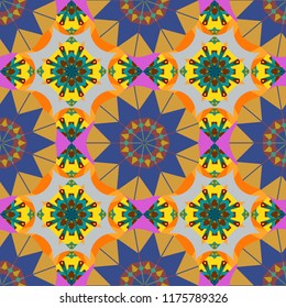 Vector background. Vintage abstract mandala colorful seamless pattern in green, blue and gray colors.