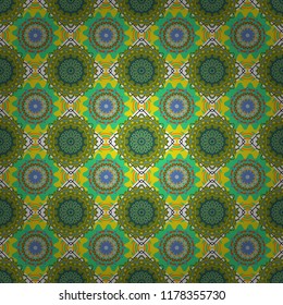 Vector background. Vintage abstract mandala colorful seamless pattern in green, yellow and white colors.
