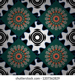 Vector background. Vintage abstract mandala colorful seamless pattern in white, black and blue colors.