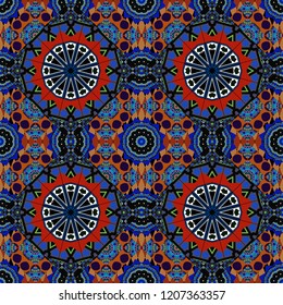 Vector background. Vintage abstract mandala colorful seamless pattern in black, blue and brown colors.