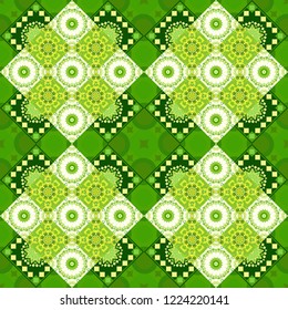 Vector background. Vintage abstract mandala colorful seamless pattern in green, yellow and beige colors.
