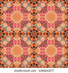 Vector background. Vintage abstract mandala colorful seamless pattern in gray, orange and beige colors.