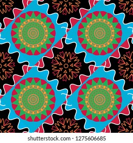 Vector background. Vintage abstract mandala colorful seamless pattern in black, green and blue colors.