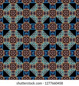 Vector background. Vintage abstract mandala colorful seamless pattern in black, brown and blue colors.
