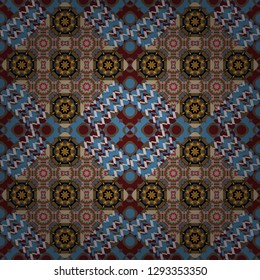 Vector background. Vintage abstract mandala colorful seamless pattern in red, blue and brown colors.