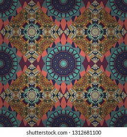 Vector background. Vintage abstract mandala colorful seamless pattern in gray, orange and violet colors.