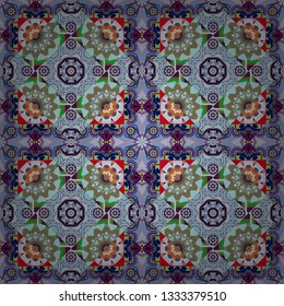 Vector background. Vintage abstract mandala colorful seamless pattern in blue, violet and green colors.