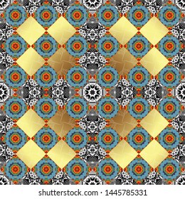 Vector background. Vintage abstract mandala colorful seamless pattern in yellow, gray and blue colors.