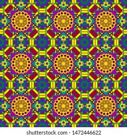 Vector background. Vintage abstract mandala colorful seamless pattern in purple, orange and blue colors.