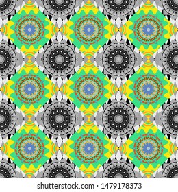 Vector background. Vintage abstract mandala colorful seamless pattern in green, gray and yellow colors.
