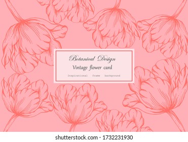 Vector Fondo Vintage mano de la tarjeta Tulip Flower y deja flor floral floral floral marco para la florería con diseño de etiquetas, verano, rosa, tarjeta de saludo floral, impresión, envoltura, fondo.