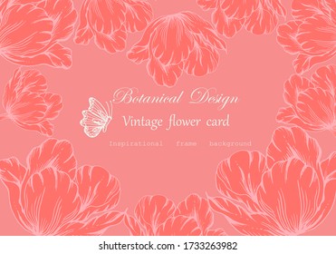 Vector Background Vintage card hand drawn Tulip Flower and leaves Floral wreath floral  frame for flower shop with label design, summer, rose, flower greeting card,  printing,wrapping,background.