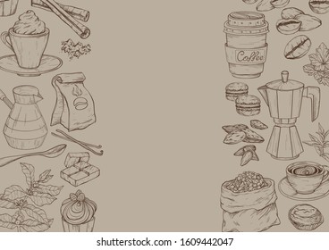 Vector background for vintage party pastry, cakes and sweets icons. Hand drawn retro illustration with coffee. Coffee time set.