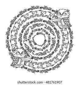 Vector background in vintage style. Ornate forest illustration, owl bird and detailed herbal, floral frame. Nature coloring book page. Black and white art, abstract background design