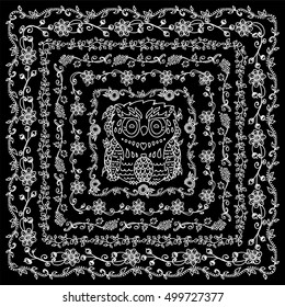 Vector background in vintage style. Ornate forest illustration, owl bird and detailed herbal, floral frame. Chalkboard element for design. Black and white art, abstract background