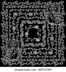 Vector background in vintage style. Ornate forest illustration, owl bird and detailed herbal, floral frame. Chalkboard element for design. Black and white art, abstract background