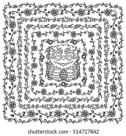 Vector background in vintage style. Ornate forest illustration, owl bird and detailed herbal, floral frame. Coloring book page. Black and white art, abstract background design 