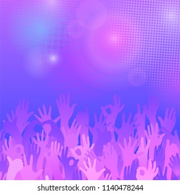 Vector background. Violet up hands. Disco Party Flyer Template. A crowd of hands raised up. Different gestures of hands. Template design of flyer or poster for disco, concert, fans, party. Neon lights