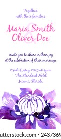 Vector background with violet watercolor clematis for wedding invitation