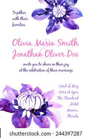 Vector background with violet watercolor clematis for wedding invitation