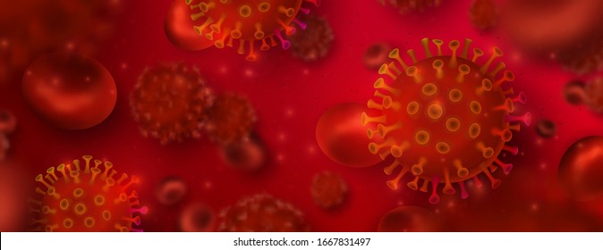 Fondo vectorial con virus, 3d ilustración de la gripe. Bacterias realistas, infección microbiana y sangre, pancarta biológica, concepto. Bacilo vectorial, microorganismo en el armario.