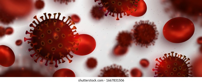 Vector background with virus, 3d illustration of flu. Realistic bacteria, microbe infection and blood, biology banner, concept. Vector bacillus, microorganism in closeup.