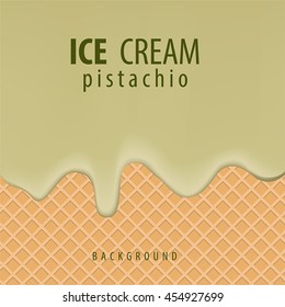 Vector background waffle with melted pistachio ice cream