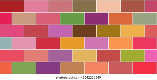 Vector background of a wall made of different colored bricks. The illustration shows a repeating pattern of colored rectangular bricks with white outlines, creating a clean and graphic representation 
