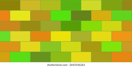 Vector background of a wall made of different colored bricks. The illustration shows a repeating pattern of colored rectangular bricks with green outlines, creating a clean and graphic representation 