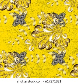 Vector background. Wallpaper baroque, damask. Floral pattern. Stylish graphic pattern. Golden elements on yellow background.