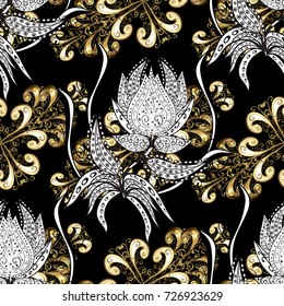 Vector background wallpaper with gold antique floral medieval decorative flowers, leaves, gold pattern ornaments on black, white, gray colors. Seamless royal luxury golden baroque damask vintage.