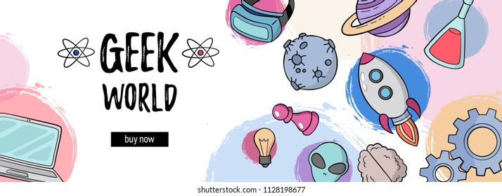 Vector background, wallpaper, texture, backdrop pattern. Set of doodle cartoon icons geek, nerd, gamer. Template for packing, printing, cards, invitation, web design