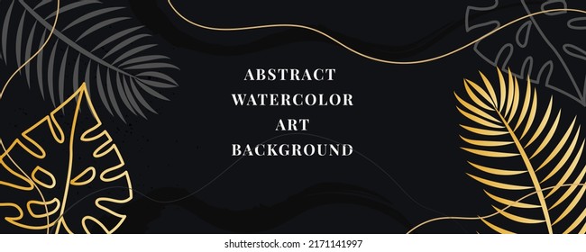 Fondo vectorial del arte acuarela. Diseño de fondo con pincel. negro, oro, cepillos, círculos, hojas de palma, hojas de monstera, formas abstractas