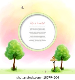 Vector background. Watercolor blossom tree with green foliage and grass near the trunk. Cartoon birds and birdhouse. Beautiful blurred heaven background. Hand drawing. Round frame for your text.