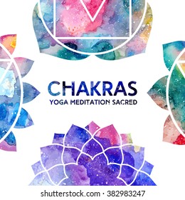 Vector background. Watercolor chakras on white background, colorful frame, bright texture. Perfect for yoga, spa, meditation practice, ayurveda invitations, greetings