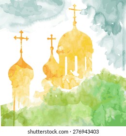 Vector background. Watercolor hand painting church