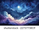 Vector background watercolor night sky with beautiful clouds