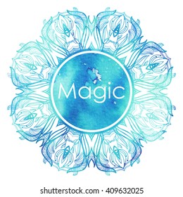Vector background with watercolor painting and doodle elements.Suitable for ads, signboards, menu and web banner designs.Water colorful blue drops banner.Stylized design card for cover, print,web