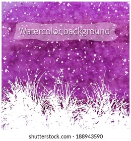 Vector background: watercolor purple texture and white grass