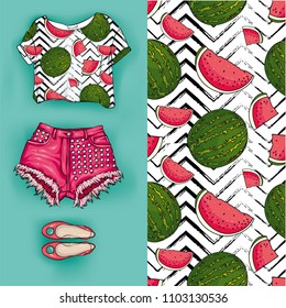 Vector background of watermelons. Vector illustration. Short top with fruits and shorts, feminine stylish look for summer. Summer outfit, glasses and shoes. Fashion & Style.