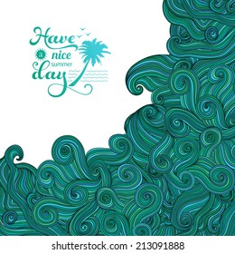 Vector background with wave ornament. Big wave, tsunami, summer logo. Colorful abstract hand-drawn design, waves background
