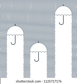 Vector background with waves shape and 3 umbrella. Rainy day.