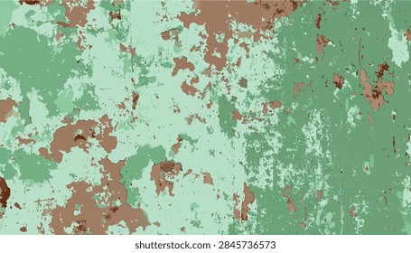 Vector background, weathered mint green and brown wall texture grungy rustic backdrop with peeling paint for vintage design, urban banner, abstract concrete surface, distressed layering.