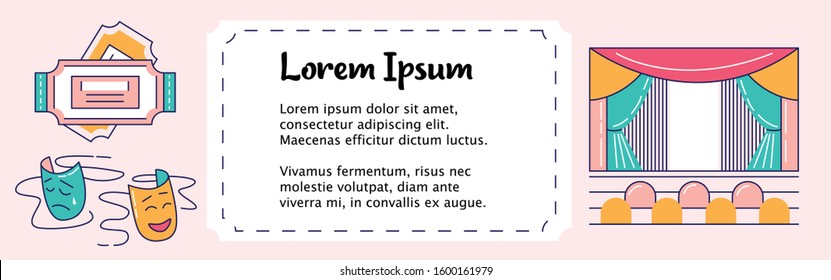 Vector  background for web with theater symbols,  stage,  masks, curtains, lyre, piano,ballerina, opera singer,binoculars , hand drawn, doodle, feather, scroll, tickets. Theatre template banner