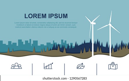 Vector Background For A Website Page, Simple Geometric Flat Landscape With Wind Turbines, Hills And Trees, Distant City Skyline. Illustration Of Positive  Impact Of Renewable Energy At Environment